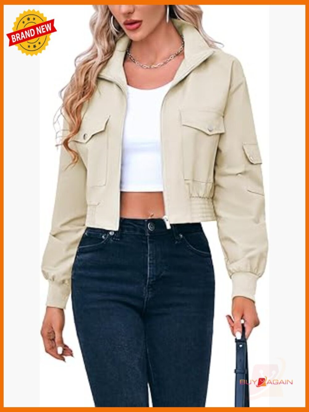 Women's Lightweight Cropped Bomber Jacket Zip Up Stand Collar Pockets Casual